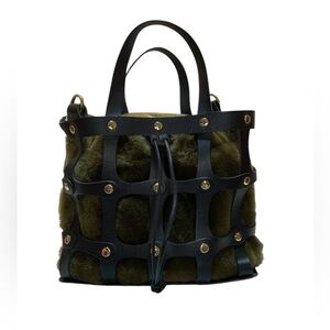 Cuir Rose Black/Green Leather Lamb Cage Basket Weave Tote